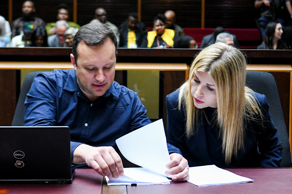 Adriaan Basson and Karyn Maughan at Pietermaritzburg High Court on October 10, 2022 in Pietermaritzburg, South Africa.  (Photo by Gallo Images/Darren Stewart)