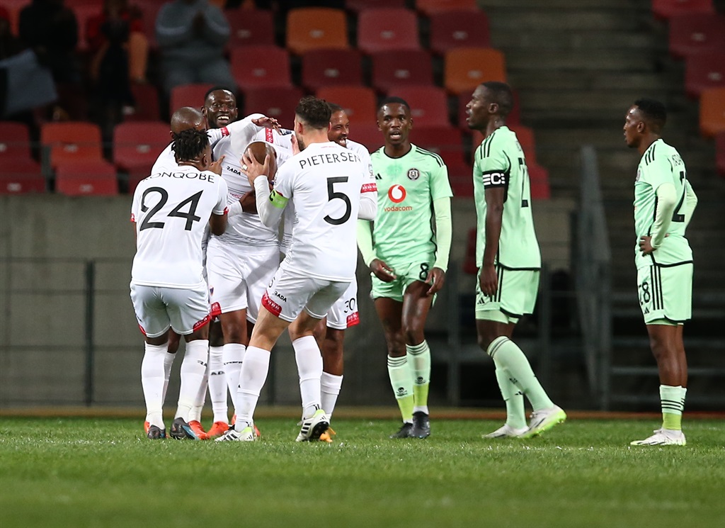 GQEBERHA, SOUTH AFRICA - AUGUST 15: Chippa United celebrate their tying goal during the DStv Premiership match between Chippa United and Orlando Pirates at Nelson Mandela Bay Stadium on August 15, 2023 in Gqeberha, South Africa. (Photo by Richard Huggard/Gallo Images)