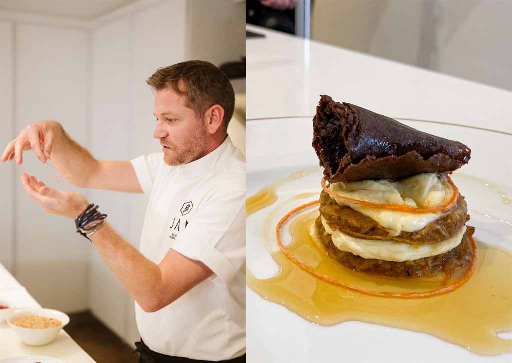 A sinistra: Jan Hendrik van der Westhuizen durante la masterclass di Dama.  (Immagine: in dotazione/fotografia di Hanru Marais) A destra: un pancake al cioccolato Steri Stumpie su frittelle di torta di carote.  (Immagine: Business Insider SA/Ntando Thukwana) 