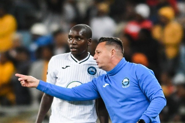 Vasili Manousakis, co-coach of Richards Bay and Michael Gumede of Richards Bay during the DStv Premiership match between Kaizer Chiefs and Richards Bay at Moses Mabhida Stadium on August 20, 2022 in Durban.
