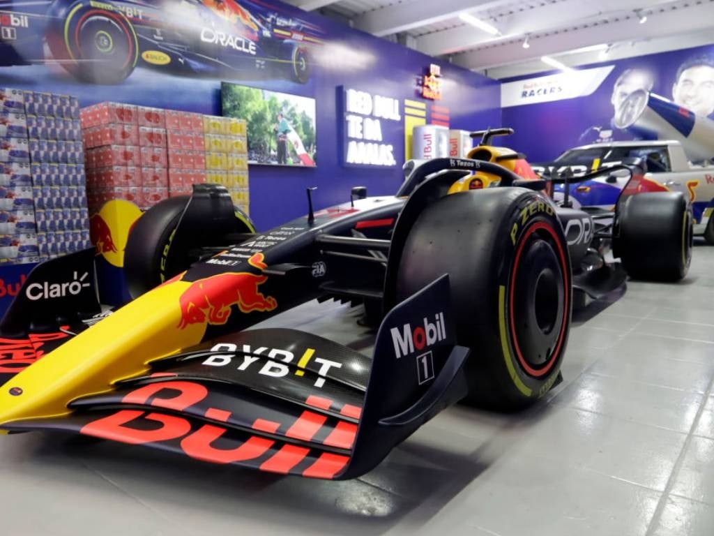A static car of the Formula 1 car of Mexican driver Sergio Checo Perez is exhibited during the inauguration of a local energy drink brand in the Central Supply of Mexico City. 