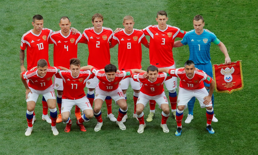 The Russia team before the match. Picture: Maxim Shemetov/Reuters