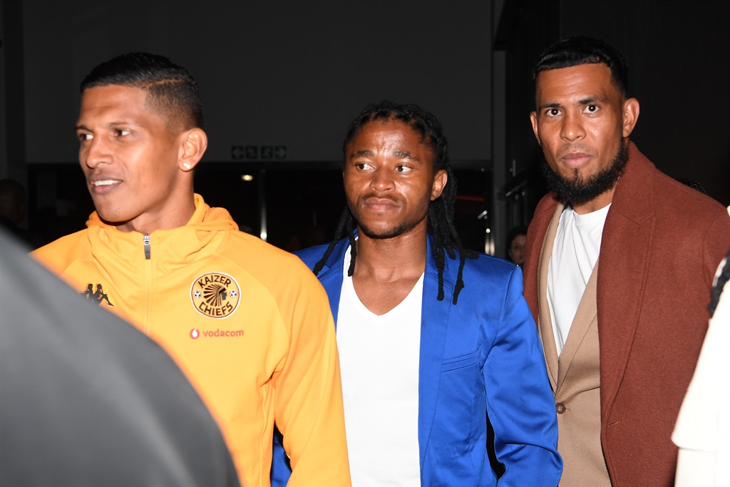 Venezuelan midfielder Edson Daniel Castillo Garcia ,Siyethemba Sithebe ,Brandon Petersen and Edmilson Dove with teammates during the Kaizer Chiefs Kappa kit launch at The Galleria on July 25, 2023 in Johannesburg, South Africa. 