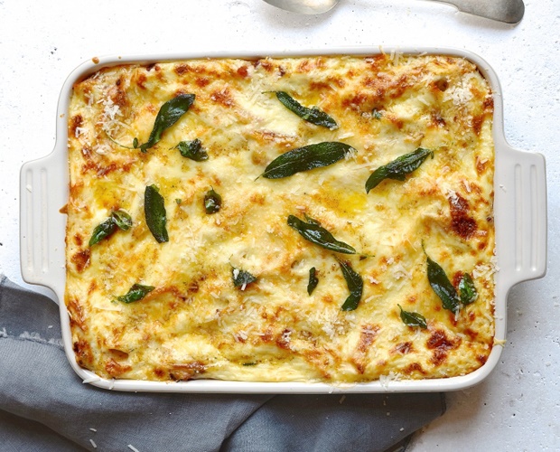 freshly baked pastitsio with basil and sage