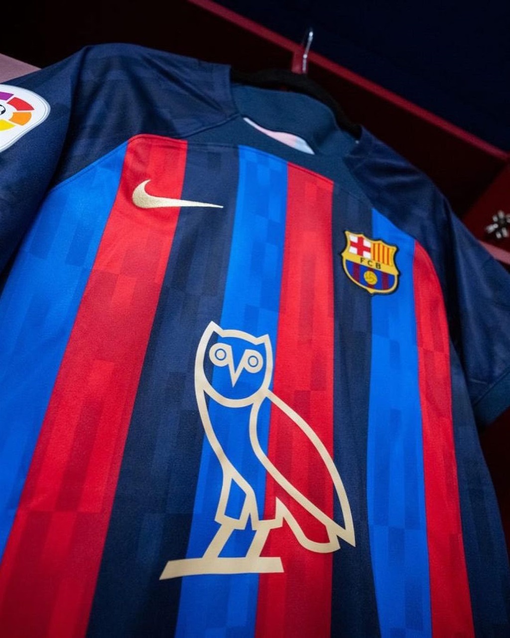 Barcelona's home kit with the OVO logo.