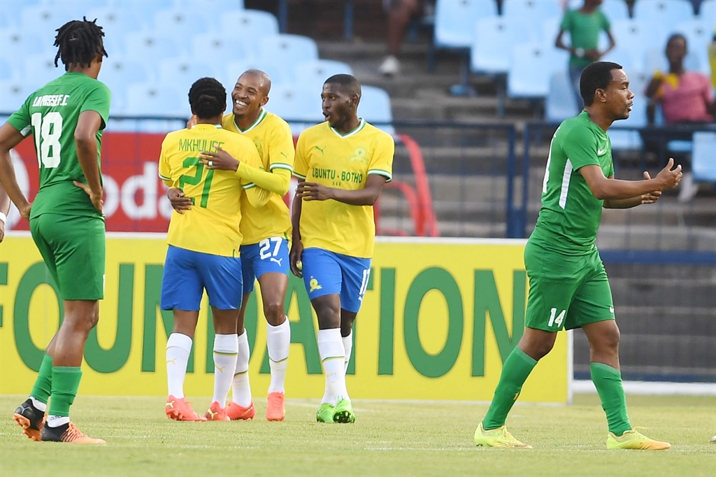 PRETORIA, SOUTH AFRICA - OCTOBER 14:  Thapelo Morena of Mamelodi Sundowns celebrates with Sphelele Mkhulise and Aubrey Modiba during the CAF Champions League, 2nd preliminary round - leg 2 match between Mamelodi Sundowns and La Passe FC at Loftus Versfeld Stadium on October 14, 2022 in Pretoria, South Africa. (Photo by Lefty Shivambu/Gallo Images)