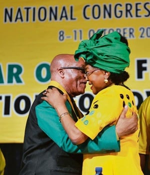 Baleka Mbete greets President Jacob Zuma upon his arrival on stage at Gallagher Estate in Midrand outside Joburg. Picture: Elizabeth Sejake