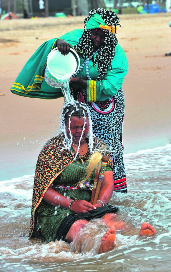 Sangomas performing ritual on the beach in Durban. Photo by Khaya Ngwenya 
