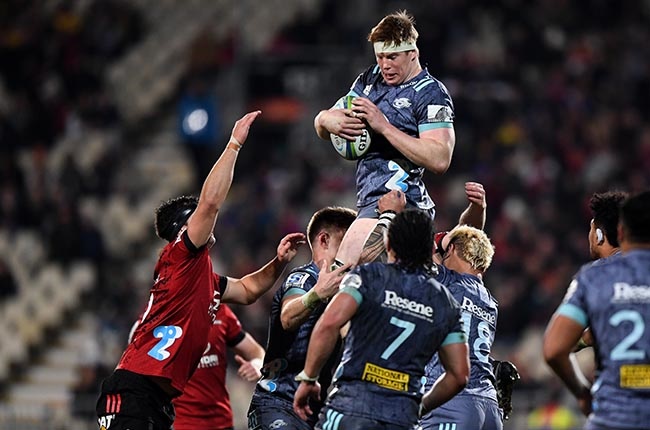 Hurricanes lock James Blackwell wins a lineout ball during the Super Rugby Aotearoa match against the Crusaders in Christchurch on 25 July 2020.