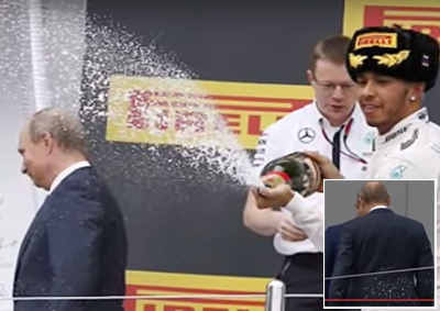 <b>DID HE OR DIDN'T HE?</b> Lewis Hamilton sprays the winner's champagne after the 2015 Russian GP, getting some droplets on Russian President Vladimir Putin's back. <i>Image: YouTube</i>