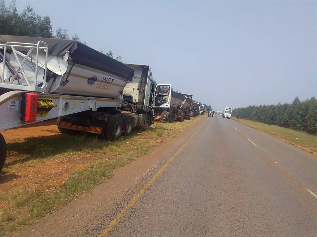 Trucks were not permitted past a demonstration on the R33 on Thursday. 