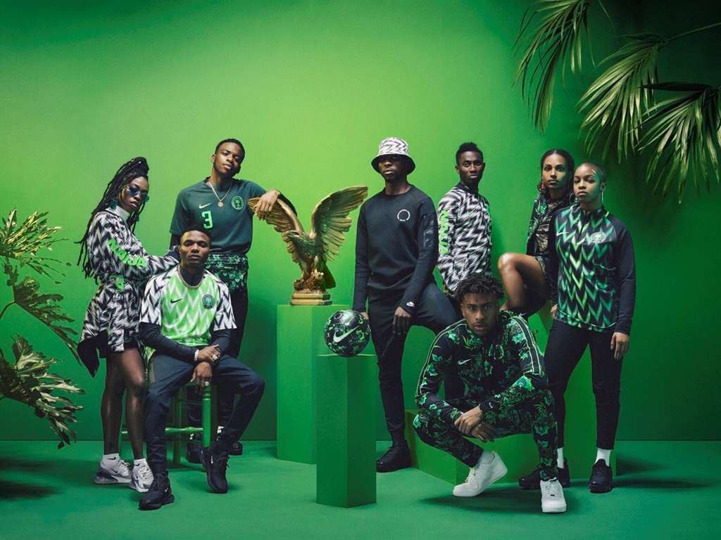 Arsenal's Alex Iwobi (front-right) and Leicester's Wilfred Ndidi (third from right, back row) modelled the kits. Picture: Nike