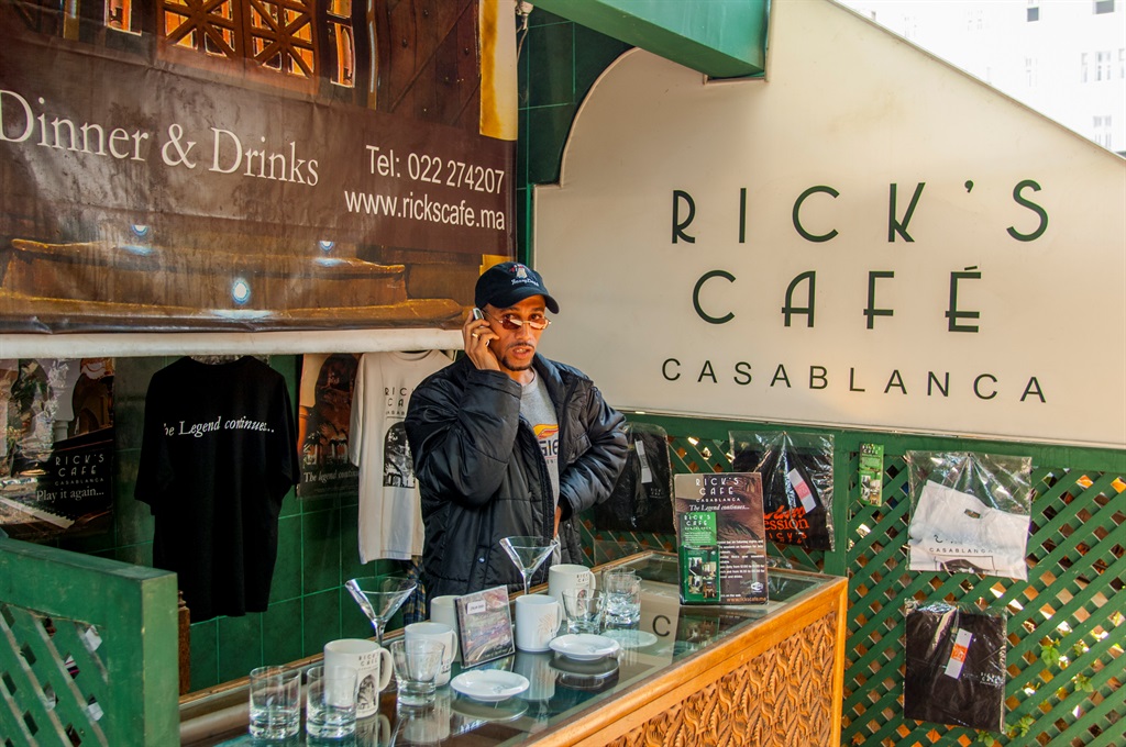 A local man on the cellphone at Ricks Cafe (name copied from the movie Casablanca) in the European Quarter in the city of Casablanca in Morocco.