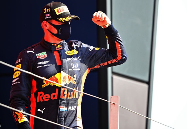 Max Verstappen celebrates his first win of the season at the 70th Anniversary Grand Prix. (Image: MarkThompson/GettyImages)