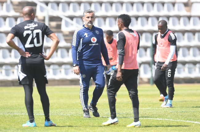 Jose Riveiro (coach) of Orlando Pirates with his players during the Orlando Pirates media open day at Rand Stadium on September.