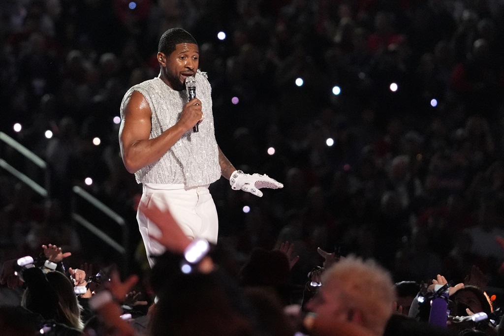 US singer-songwriter Usher performs during Apple Music halftime show of Super Bowl LVIII between the Kansas City Chiefs and the San Francisco 49ers at Allegiant Stadium in Las Vegas, Nevada, 11 February 2024.