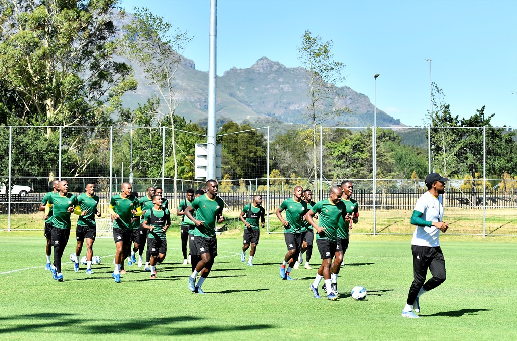 STELLENBOCH, SOUTH AFRICA - JANAURY 08: Bafana players warming up during the South Africa national mens soccer team media open day at Lentelus Sportsground on January 08, 2023 in Stellenbosch, South Africa. (Photo by Ashley Vlotman/Gallo Images)