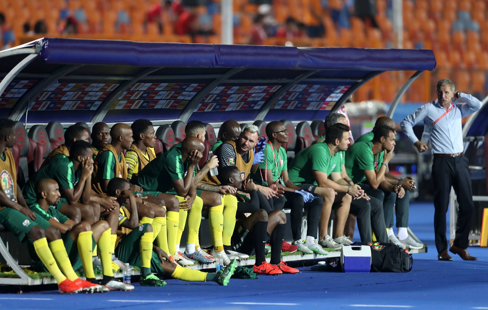 BACKROOM The Bafana Bafana technical staff during the 2019 Africa Cup of Nations quarterfinal match against Nigeria at Cairo International Stadium. Picture: Samuel Shivambu / BackpagePix