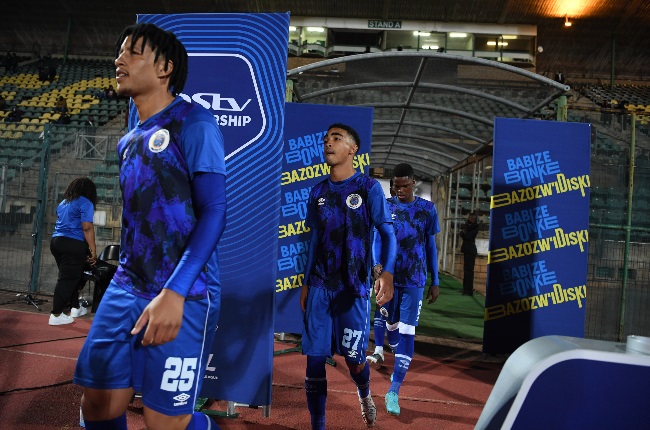 Luke Fleurs and Kenan Phillips of SuperSport United during the DStv Premiership match between SuperSport United and Swallows FC at Lucas Moripe Stadium.