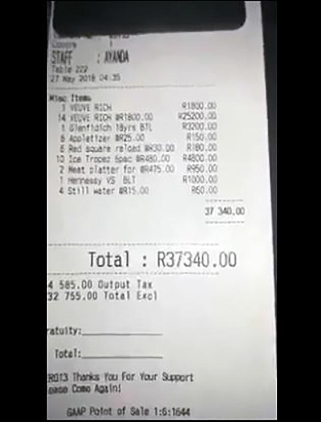 The most expensive item on the bill was a bottle of champagne costing R25?200. 