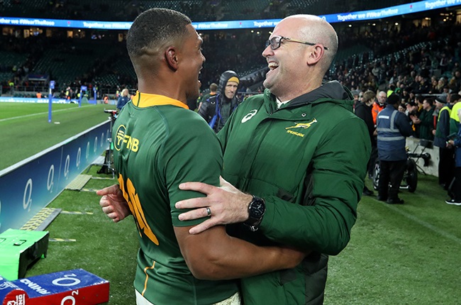 Springbok coach Jacques Nienaber and flyhalf Damian Willemse.