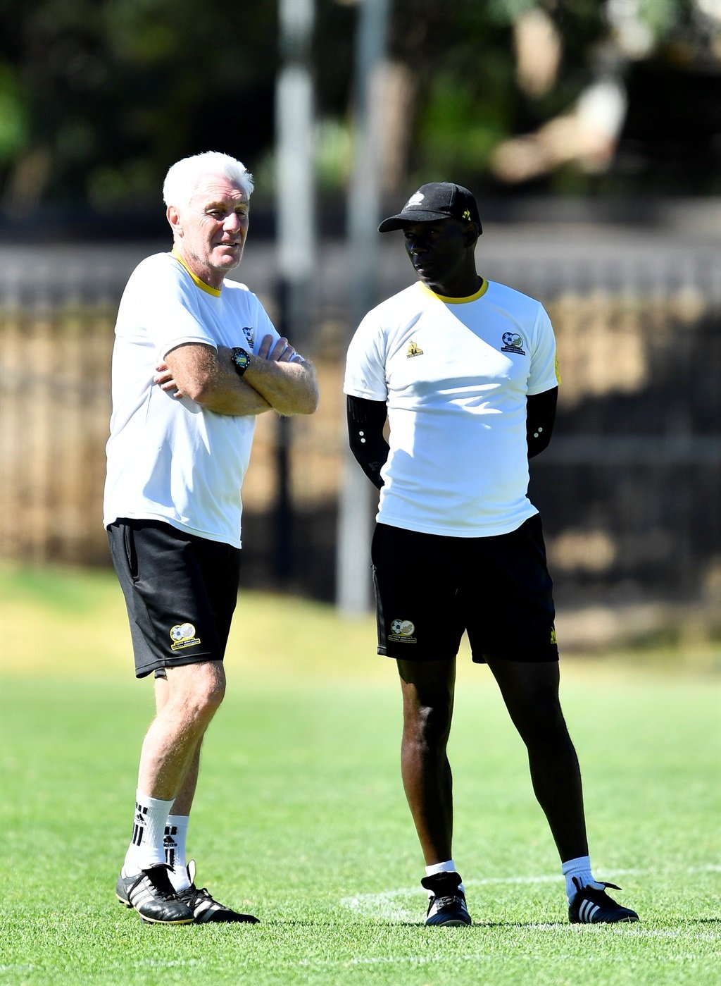 STELLENBOCH, SOUTH AFRICA - JANAURY 08: Bafana Head Coach, Hugo Broos and Helman Mkhalele during the South Africa national mens soccer team media open day at Lentelus Sportsground on January 08, 2023 in Stellenbosch, South Africa. (Photo by Ashley Vlotman/Gallo Images)