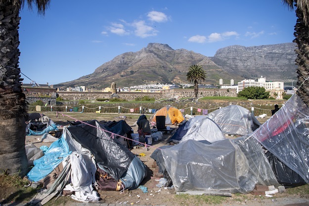 A tent erected at an informal settlement on the corner of Newmarket and Castle Streets in Cape Town. 