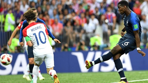 <p>62' 
      France 3-1 Croatia</p><p>Paul Pogba might have put his name into the history books with a perfect finish.</p><p>&nbsp;Les Bleus
 break away and when his first shot is blocked, he uses Modric as a 
shield to sweep a left-footer into the net with the goalkeeper 
unsighted.
    <br /></p>