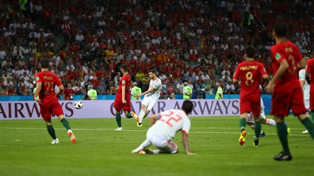 <p>Nacho hitting his unstoppable effort.</p><p><strong>54': Portugal 2-1 Spain 
</strong></p><p><strong>55': Portugal 2-2 Spain 
</strong></p><p><strong>58': Portugal 2-3 Spain

</strong></p><p>Spain score two in three minutes to turn this game on it's head!</p>