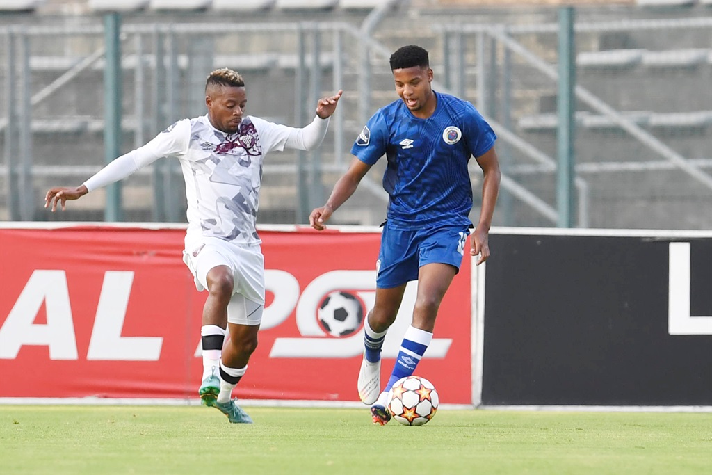 PRETORIA, SOUTH AFRICA - OCTOBER 30:  Jamie Webber of SuperSport United  and Pentjie Zulu of Swallows FC during the DStv Premiership match between SuperSport United and Swallows FC at Lucas Moripe Stadium on October 30, 2022 in Pretoria, South Africa. (Photo by Lefty Shivambu/Gallo Images)