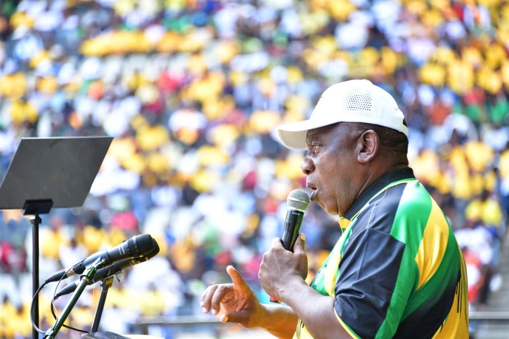The President of the African National Congress (ANC), Cyril Ramaphosa, addresses members of the ANC at Mbombela Stadium