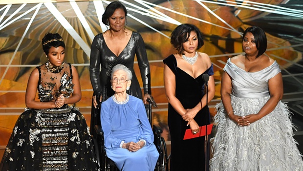 NASA mathematician Katherine Johnso, pictured with the stars of Hidden Figures, Janelle Monae, Taraji P. Henson and Octavia Spencer at the 89th Annual Academy Awards back in February 2017