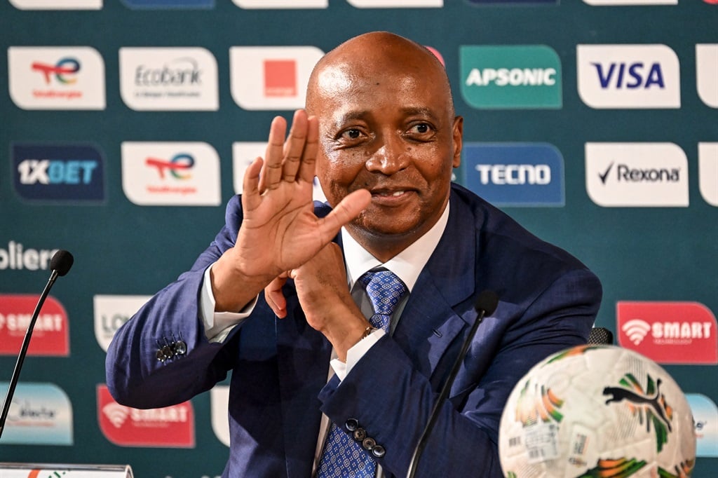 Patrice Motsepe, the president of the Confederation of African Football (CAF), gestures during a 2024 Africa Cup of Nations (CAN) press conference at the Palais de la Culture in Abidjan on January 12, 2024.