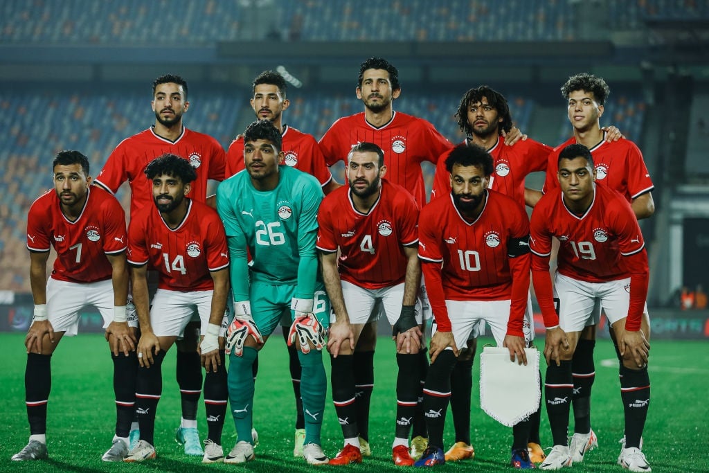 The Egyptian national team is posing for a group photo during a friendly match against Tanzania at Cairo Stadium in Egypt, on January 7, 2024, as they prepare for the African Nations Championship in the Code of Nations. (Photo by Abeer Ahmed/NurPhoto via Getty Images)