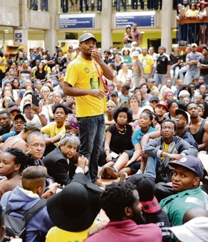 Former Wits SRC president Mcebo Dlamini addresses students, vice-chancellor Adam Habib and some of Habib’s colleagues during a discussion about next year’s fee increase at the institution
Picture: Felix Dlangamandla