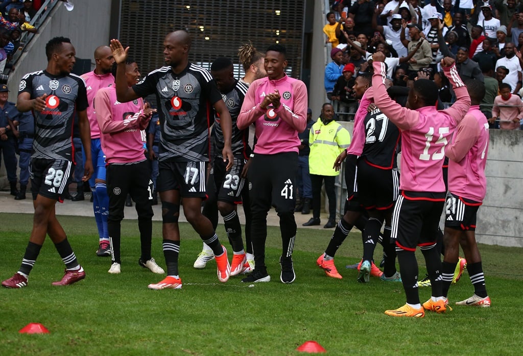 GQEBERHA, SOUTH AFRICA - MAY 04: Orlando Pirates celebrate their thrird goal during the Nedbank Cup semi final match between Chippa United and Orlando Pirates at Nelson Mandela Bay Stadium on May 04, 2024 in Gqeberha, South Africa. (Photo by Richard Huggard/Gallo Images)