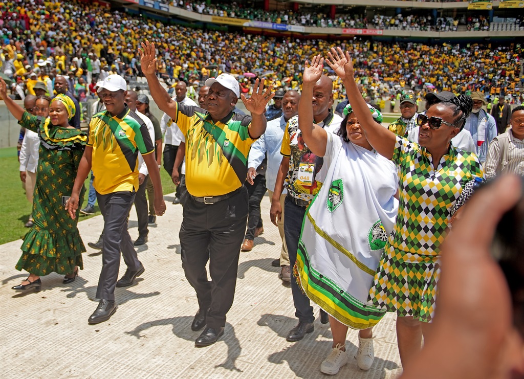 ANC president Cyril Ramaphosa greeting supporters as he arrives at Mbombela Stadium. 