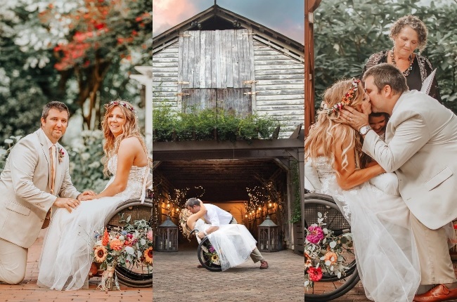 Rachelle and Chris Chapman on their wedding day. Image via (@rachelles_wheels) / Instagram. Collage by Futhi Masilela
