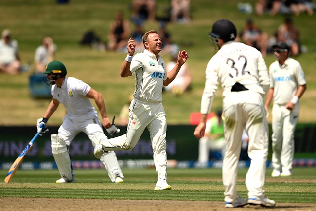 New Zealand's Neil Wagner reacts during Day 1 of the second Test against South Africa at Seddon Park in Hamilton on 13 February 2024. (Photo by Hannah Peters/Getty Images)