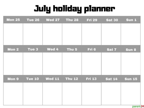 July holiday planner 2018 printable for South Afri