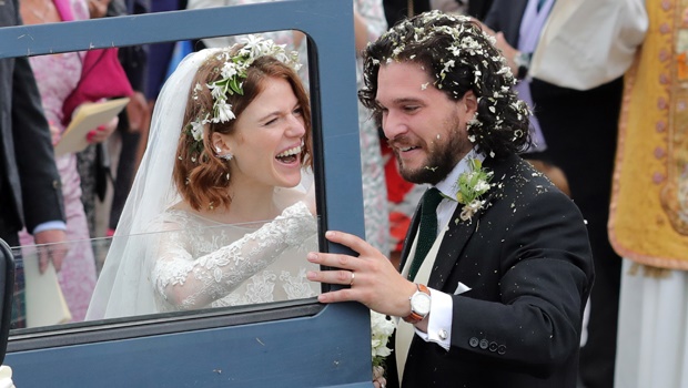 Rose Leslie and Kit Harrington leaving the church after their wedding ceremony.