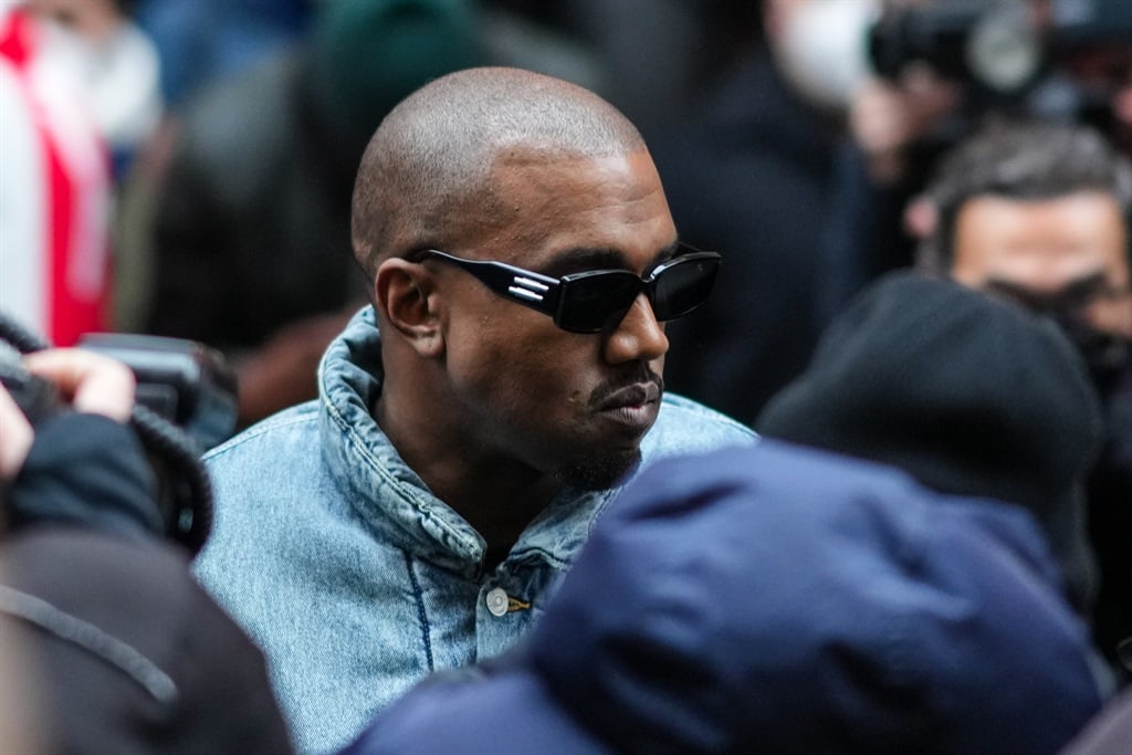 Kanye West is seen, outside Kenzo, during Paris Fashion Week. (Photo by Edward Berthelot/Getty Images)