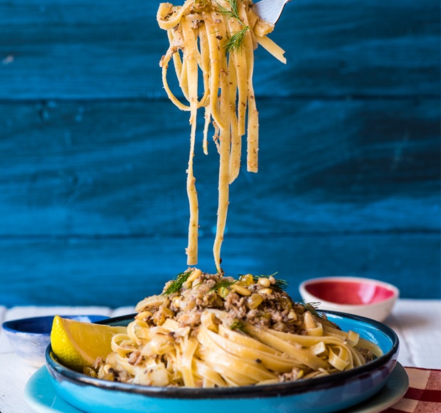 a bowl of sardine pasta
