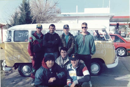 The group of friends in Warden. Back row from left: Hawies Fourie, Christie Fourie, Dirk Jooste and Skapie Muller. In front: Jaco Slabber, Pens du Toit and Rys Matthee.