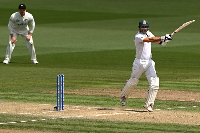 South Africa's David Bedingham hits a boundary against New Zealand at Seddon Park in Hamilton on 15 February 2024. (Photo by Hannah Peters/Getty Images)