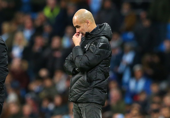  Pep Guardiola the manager of Manchester City looks on during the UEFA Champions League group C match between Manchester City and Shakhtar Donetsk at Etihad Stadium on November 26, 2019 in Manchester, United Kingdom. 