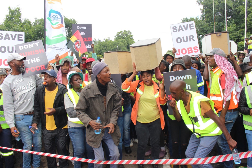 Mineworkers take to streets in protest of the closure of export allocation of the mine formally owned by the Guptas. Photo: Supplied