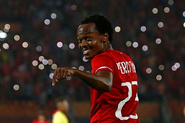 Ahlys forward Percy Tau reacts after scoring the fourth goal during the CAF Champions League semi-final match between Egypts al-Ahly and Algerias ES Setif at the al-Salam stadium in Cairo on May 7, 2022. (Photo by Khaled DESOUKI / AFP) (Photo by KHALED DESOUKI/AFP via Getty Images)
