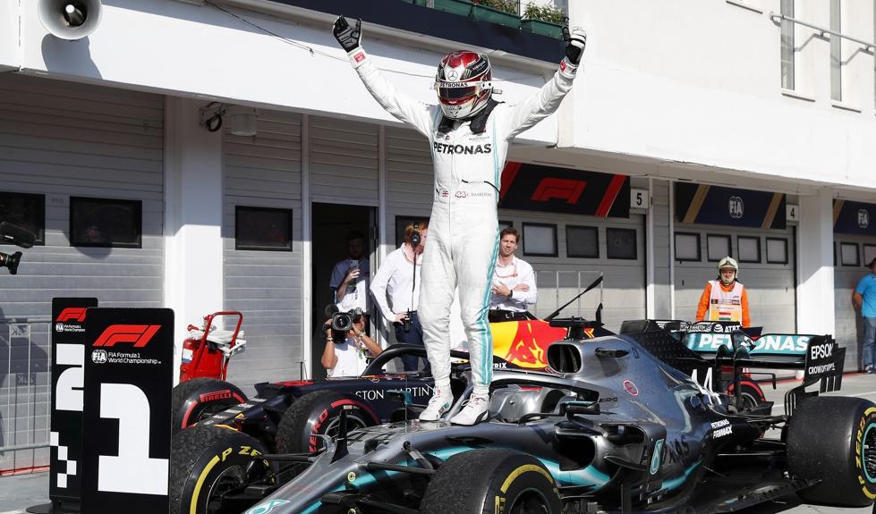 Mercedes driver Lewis Hamilton of Britain celebrates after winning the Hungarian Formula One Grand Prix. Picture: Laszlo Balogh/AP