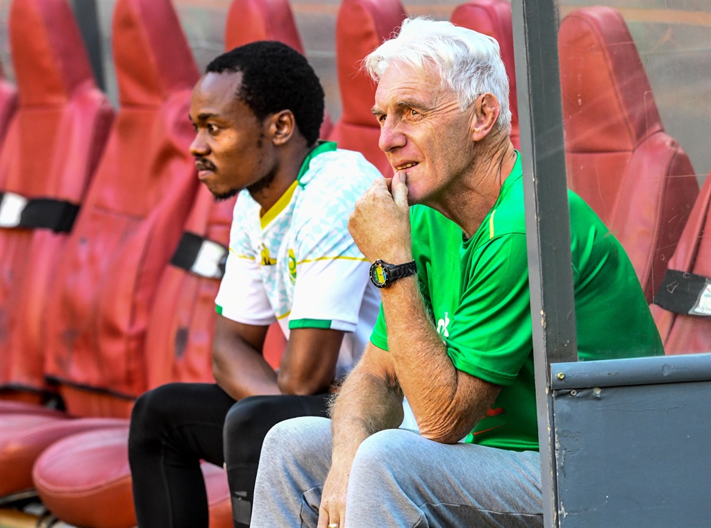 JOHANNESBURG, SOUTH AFRICA - NOVEMBER 10:  Percy Tau and Hugo Broos (coach) of Bafana Bafana during the South African national soccer team training session at FNB Stadium on November 10, 2021 in Johannesburg, South Africa. (Photo by Sydney Seshibedi/Gallo Images)